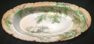 Antique Hand Painted Bavarian Porcelain Serving Tray Christmas Winter Holly Berr