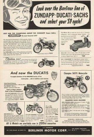 1959 Zundapp,  Ducati,  Sachs - 2 - Page Vintage Berliner Motorcycle Ad
