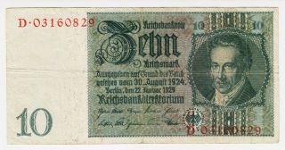 1929 Germany 10 Reichsmark 03160829 Vintage Nazi Money Banknote Third Reich
