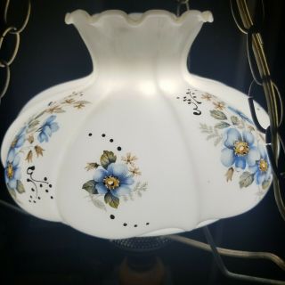 Vintage Milk Glass Blue Flower Hurricane Hanging Lamp. 3
