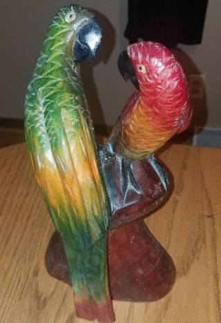 Fabulous Vintage Large Hand Painted Carved Wood Colorful 2 Parrots Statue