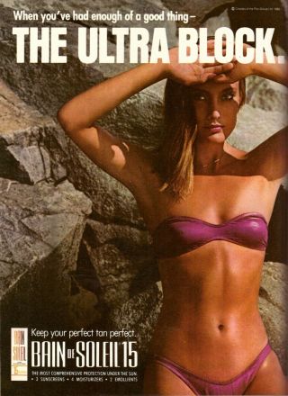 1982 Bain De Soleil Suntan Sexy Bikini Print Ad Advertisement Vintage 1980s