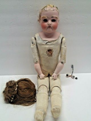 Antique J.  D.  Kestner Germany 19 " Bisque Head Doll Leather Body For Restoration
