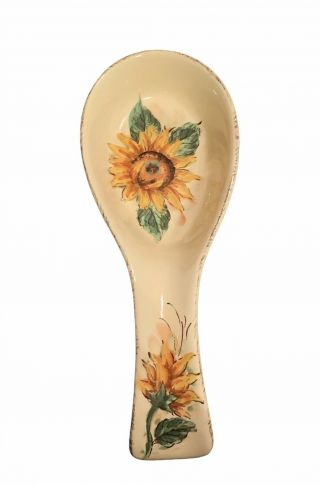 Vintage Sunflower Beige Ceramic Spoon Rest By Country Sunflower 10”