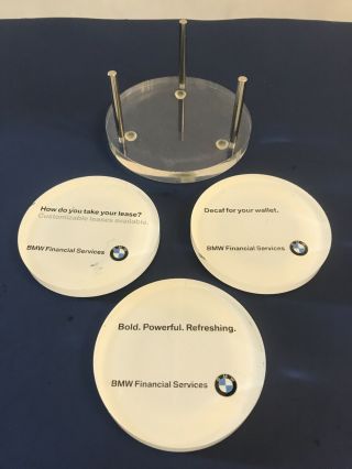 Classy Vintage 3 BMW Drink Coasters In Holder Financial Services Retro 2