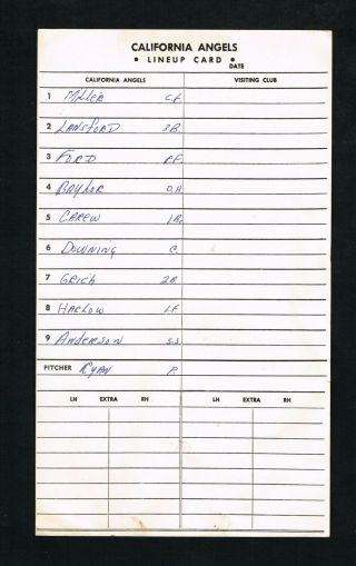 1979 California Angels Baseball Starting Lineup Card Nolan Ryan Starting Pitcher