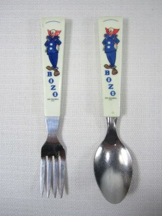 Bozo The Clown Fork Spoon Vintage 2 - Pc Set White Plastic Handle Stainless Steel