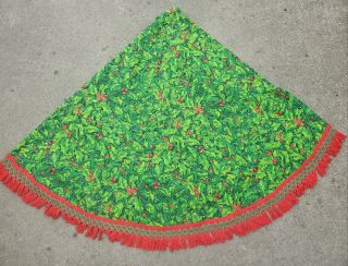 Vintage Christmas Tablecloth Round Holly Fringe Red Green Leacock Mcm Kitsch