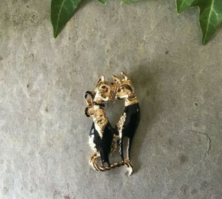 Gold Plated And Black Enamel Cute Cats Brooch Vintage Retro 1980s Jewellery