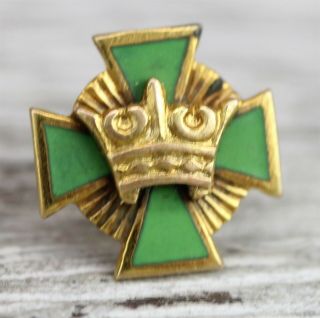 Antique Crown Cross Fraternal Group 10 K Gold Green Enamel Lapel Pin - N3211