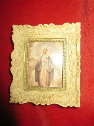 Vintage Plastic Framed Picture Of The Holy Madonna Mary Made In Italy