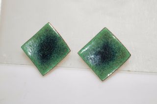 Vintage Green Enamel Copper Arts & Crafts Screw On Earrings 1.  25 "