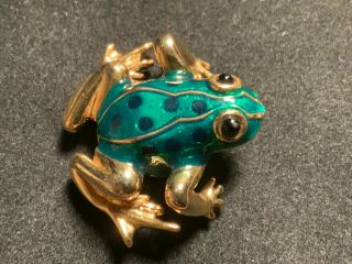 Vintage Gold Tone,  Green & Black Enamel Frog Heavy Brooch Pin