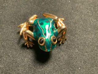 Vintage Gold Tone,  Green & Black Enamel Frog heavy Brooch Pin 2