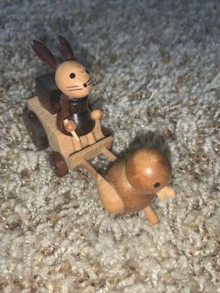 Vtg Wood Miniature Chick Pulling Cart W Rabbit Figurine Easter 1978 Goula Spain