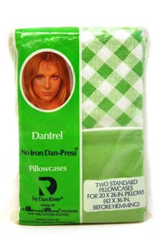 Vtg Set Of 2 Dan River Dantrel Pillowcases Standard Size Green White Checks