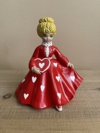 Vintage Valentine’s Day Hand - Painted Ceramic Woman,  Red & White,  Blonde,  Hearts
