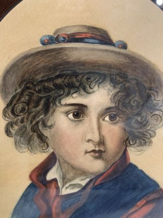 Antique American Folk Art Portrait Painting Of A Boy In Hat Ca 1850 - 65