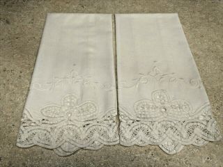 Vintage Set Of 2 Battenburg Lace & Embroidered Hand Towels White Cotton