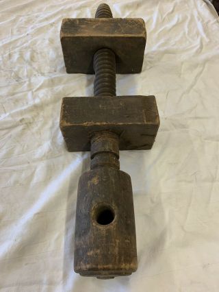 Antique Primitive Leg Vice All Wood Threaded Screw Assembly 24” X 2”