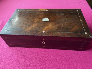 Vintage / Antique Mahogany Writing Slope / Travel Desk - Inlaid Mother Of Pearl