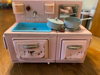 Vintage Japan 1950 - 60 Little Pink Tin Litho Sink Stove Combination W/ Framed Box