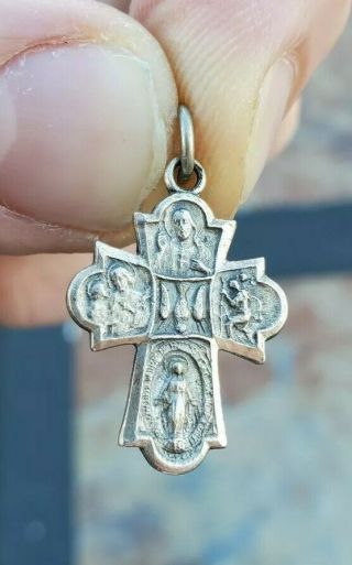Italy Vintage Sterling Silver Jesus Virgin Mary Sacred Heart Catholic Cross.