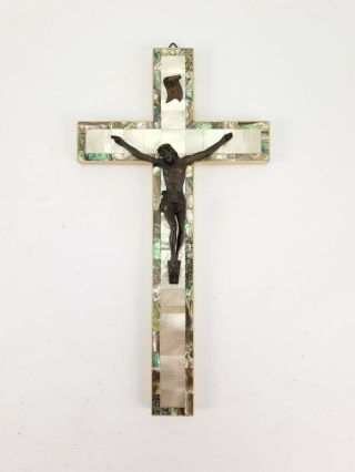 Antique Wall Cross Crucifix Mother Of Pearl Inlay Jesus Christ Religious