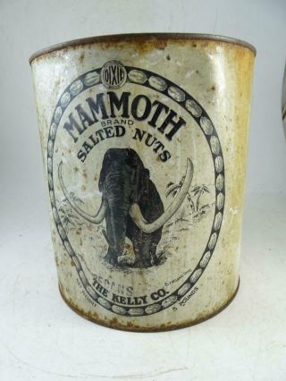Antique Advertising Tin Can Canister Mammoth Salted Nuts Kelly Cleveland Oh Vtg
