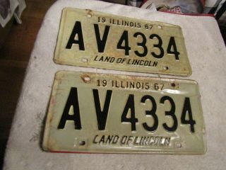 Vintage 1967 Illinois License Plate Matched Pair Set Av 4334 Car Plates