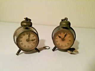 2 Antique Miniature Alarm Clock Sewing Tape Measures - Rare Sewing Items Vgc