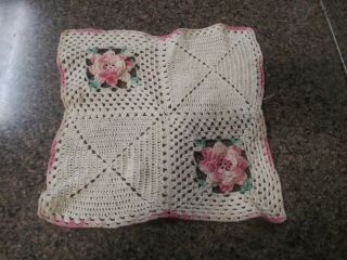 Vintage Handmade Crochet Granny Square In Cream Color & Pink Roses 11 "