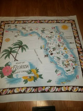 Vtg 1950s Florida State Souvenir Tablecloth State Flower Sea Shells Cities Palms