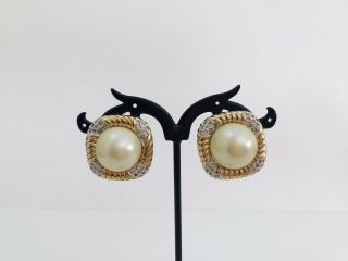 Vintage Panetta Goldtone Twisted Mabe Faux Pearl Crystal Rhinestones Clip On E