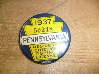 1937 Pa Pennsylvania Resident Citizen Fishing License Badge Button Pin & Paper