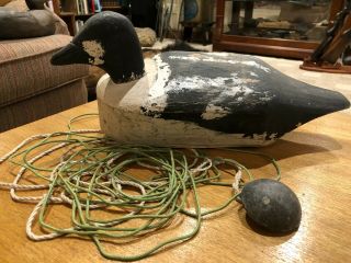Vintage Hand Carved Wood,  Hand Painted Duck Decoy - Black/white - Iron Anchor