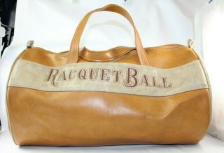 18 " Vtg Amesia Racquetball Vinyl Duffle Bag Brown 2 Openings Pleather Faux Leath
