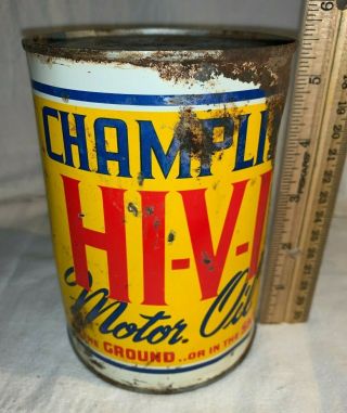 Antique Champlin Hi - Vi Motor Oil 1qt Tin Litho Can Gas Station Enid Ok