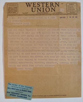 1939 York Yankees Western Union Telegram From George Weiss To Joe Devine