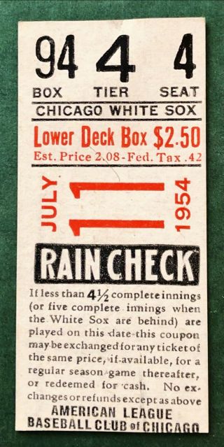 July 1th 1954 Chicago White Sox Vs.  Cleveland Indians Ticket Doubleheader