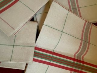6 French France Vintage Antique Linen Dish Tea Towels Torchon Red Green White
