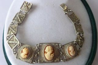 Vintage Jewellery Old Stamped 800 Silver Filigree Carved Shell Cameo Bracelet