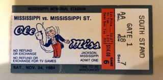 1984 Ole Miss Versus Mississippi State Egg Bowl Football Ticket