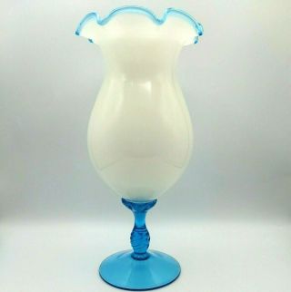 Vintage Aqua Crest White Art Glass Vase Swirled Pedestal Base