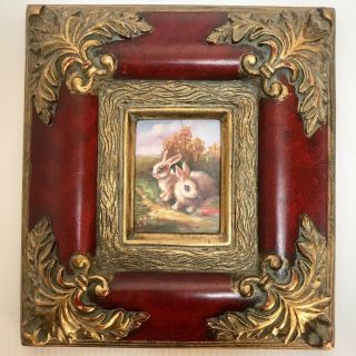 Vintage Miniature Oil Painting,  Bunnies,  Signed,  Ornate Frame