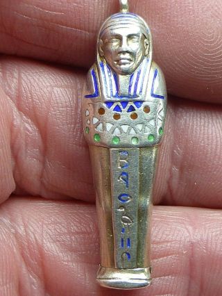 Antique Egyptian Revival Silver Enamel Miniature Pencil Mummy Sarcophagus