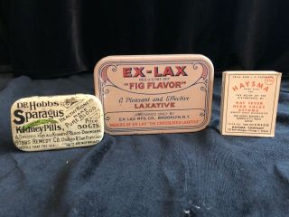 Vintage Medical Quackery Dr.  Hobbs Sparagus Kidney Pills Tin,  Ex Lax Tin,  Haysma