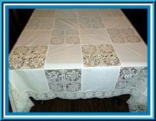 Delightful Vintage Ivory Cotton And Lace Army Navy Tablecloth - 91 By 67 Inches