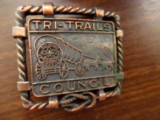 True Vtg Bsa Boy Scout Tri - Trails Council Belt Buckle 2x2 " For 1.  25 " Wide