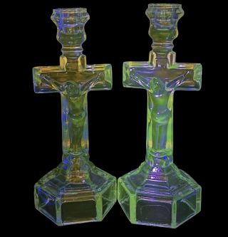 Antique Flint Eapg Figural Crucifix Candlestick Pair Appx 10”h 4”w Scarce